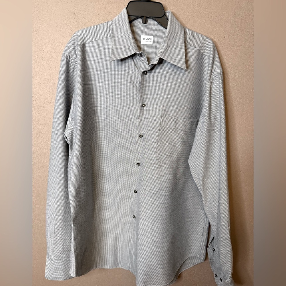 Armani Collezioni Men's Gray White Cotton Small Print Herringbone Button Up Lrg
